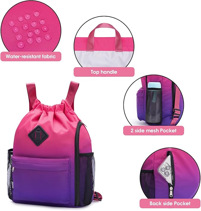 WANDF Drawstring Backpack Sports Gym Bag with Shoes Compartment, Water-Resistant String Backpack Cinch for Women Men (Small,Rose Gradient)