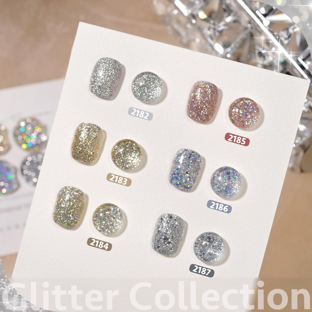 GAOY Reflective Glitter Gel Nail Polish Set, 6 Colors Holographic Sparkle Silver Gold, Soak Off UV Light Cure Gel Polish for Salon and Nail Art DIY at Home, Glitter Collection