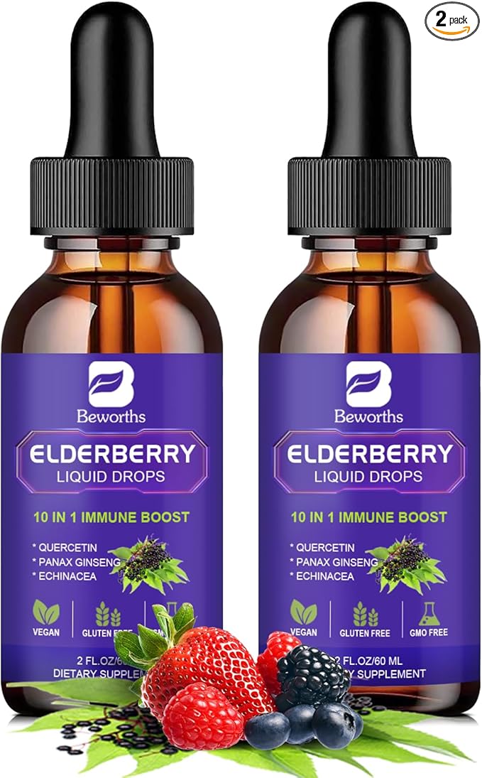 Elderberry Syrup | Organic Quercetin Black Elderberry Liquid Drops for Kids & Adults | Sambucus Elderberry Extract with Vitamin C, D3, Zinc | Vegan, Gluten Free, 2 Pack