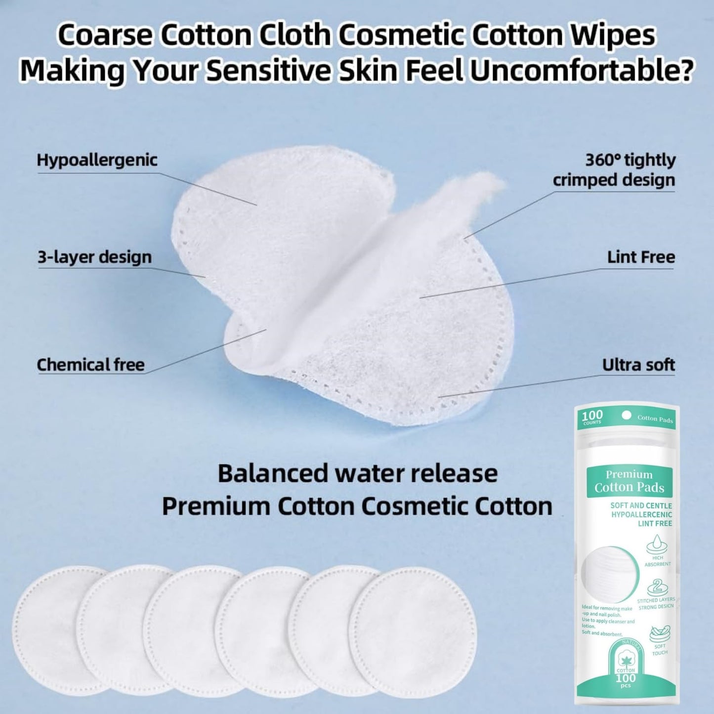 100 Count Cotton Wool Round Pads,Cotton Wool Pads,Makeup Remover Pa-Ds,Cot-Ton Rounds,Disposable,Soft&Gentle Absorbent Cosmetic Pa-Ds For Face Nails Makeup Removal&Skincare Manicure,For Sensitive Skin