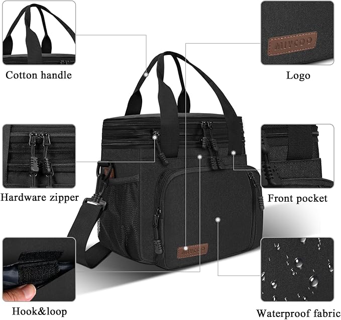 MIYCOO Lunch Bag & Lunch Box for Men Women Double Deck - Leakproof Insulated Soft Large Adult Lunch Cooler Bag for Work, (Black Zipper Pull, 15L)