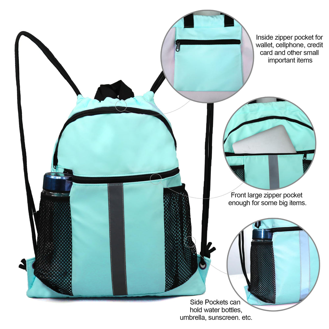 BeeGreen Mint Green Drawstring Backpack Bag with Shoe Compartment X-Large Gym Sports String Cinch Sackpack with Front Inside Zipper Pockets