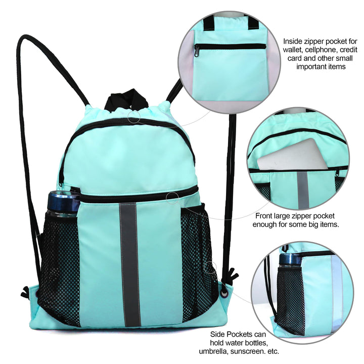 BeeGreen Mint Green Drawstring Backpack Bag with Shoe Compartment X-Large Gym Sports String Cinch Sackpack with Front Inside Zipper Pockets