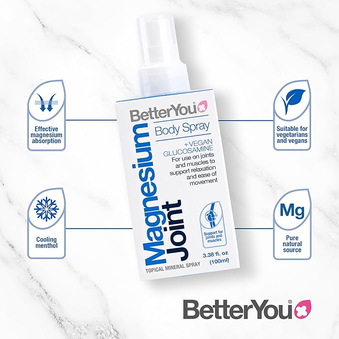 BetterYou Magnesium Joint Body Spray - Muscle Relief Spray - Topical Magnesium Chloride and Glucosamine - Cooling Menthol and Eucalyptus - 3.38 oz