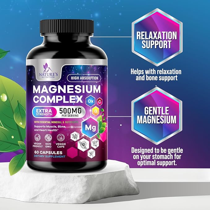 Magnesium Complex Supplement 500 mg - 5 in 1 High Absorption Chelated Magnesium Glycinate, Malate, Citrate, Oxide, Aquamin - Non-GMO Magnesio Capsules, Bone Muscle & Heart Health Support, 60 Capsules