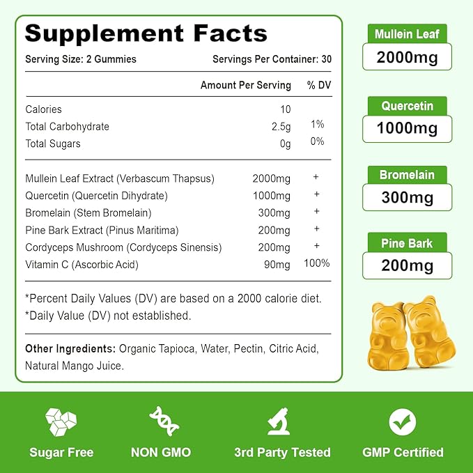 Mullein Gummies, Mullein Leaf Extract with Bromelain, Quercetin, Pine Bark Support Lung Cleanse for Healthy Breathing, 120ct