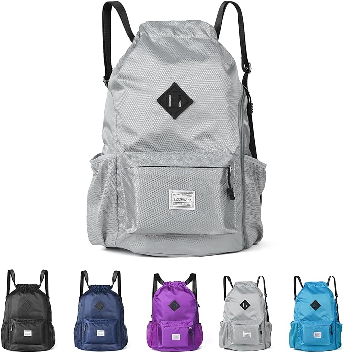 ALUSBELL Large Drawstring Backpack Bag, Sports Gym Bag String Sackpack with Shoes Compartment, Waterproof String Bag Cinch for Women Men(Gray)