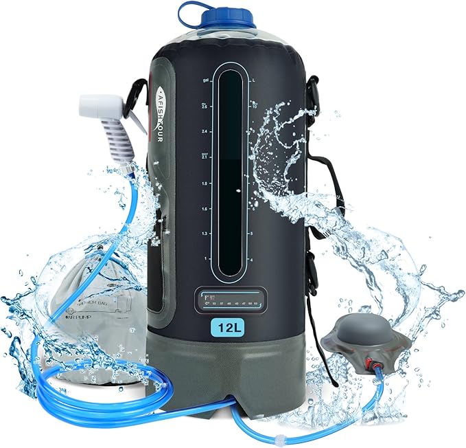 Portable Camping Shower Bag - 10L/2.2 Gallons and 12L/3.17 Gallons Solar Shower Water Bag with Foot Pump, Hose and Shower Head - Camp Shower for