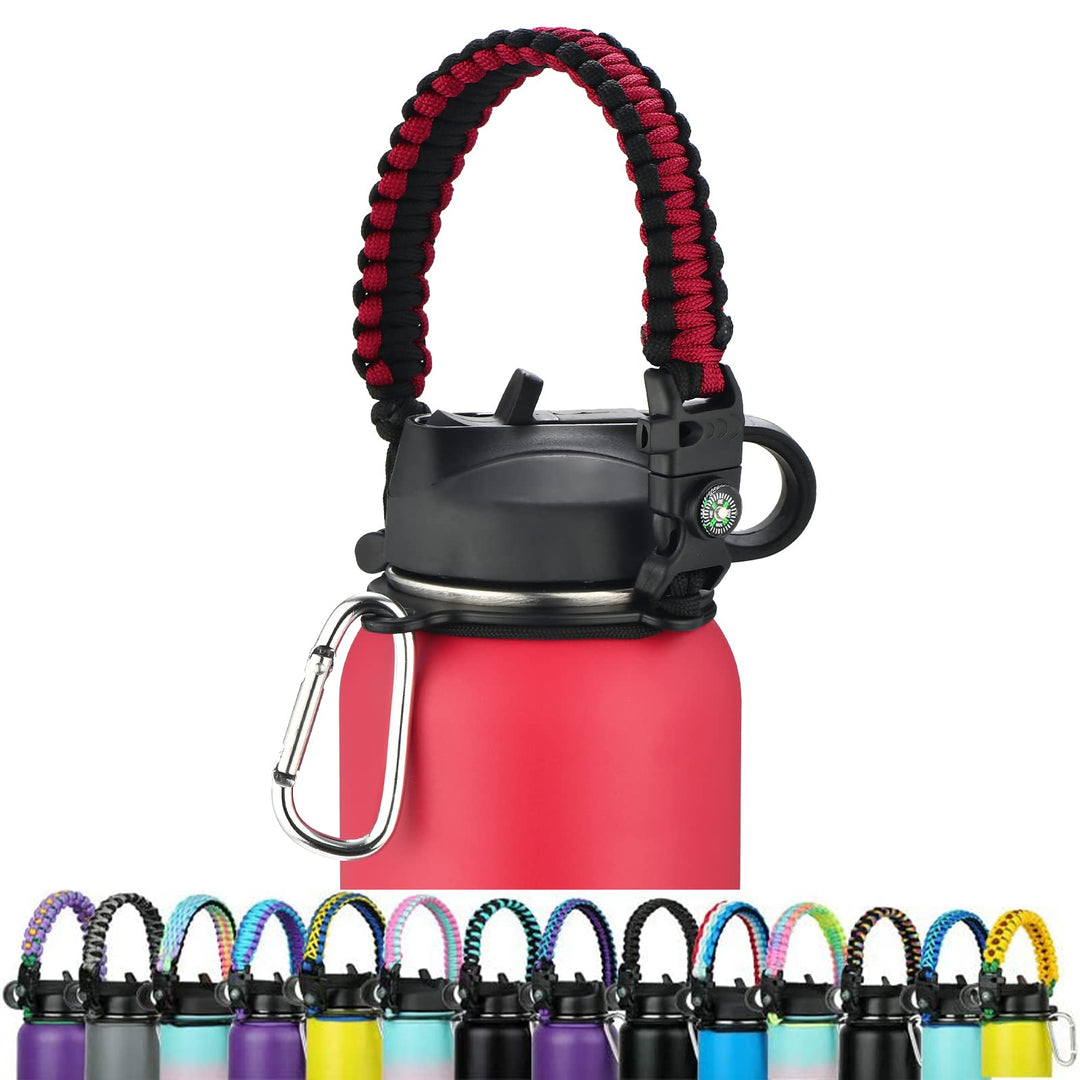 WEREWOLVES Paracord Handle - Fits Wide Mouth Bottles 12oz to 64oz - Durable Carrier, Paracord Carrier Strap Cord with Safety Ring,Compass and Carabiner - Ideal Water Bottle Handle Strap (Red-Black)