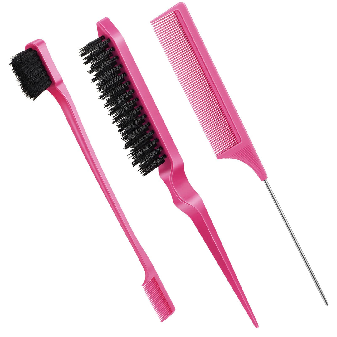 Geiserailie 3 Pcs Slick Back Hair Brush Set Bristle Brush Edge Control Teasing Comb For Women Black Hair(Rose Red)