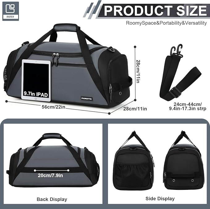 FIORETTO 43L Mens Sports Gym Bag with Wet Pocket & Shoe Compartment, Travel Duffle Bag Overnight Bag with Padded Shoulder Strap, Holdall for Swimming, Basketball, Football Grey