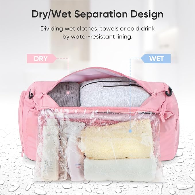 BALEINE Gym Bag for Women and Men, Duffel Bag for Sports, Gyms and Weekend Getaway, Waterproof Dufflebag with Shoe and Wet Clothes Compartments, Lightweight Carryon Gymbag (Pink)