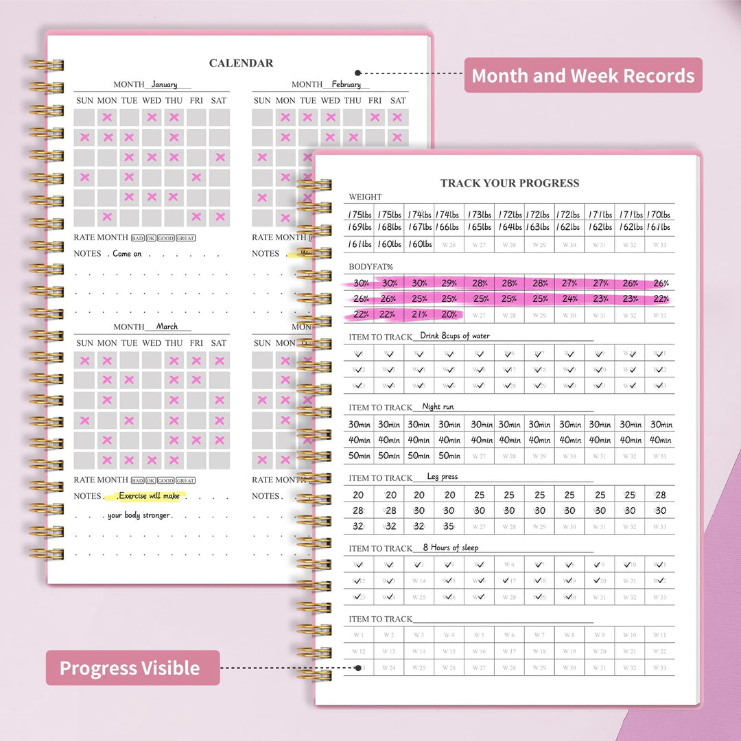 Fitness Workout Journal for Women & Men, A5 Hardcover Workout Log Book & Gym Exercise Planner With Progress Tracker, Goals, Calendar, 5.8" x 8.4" - Pink