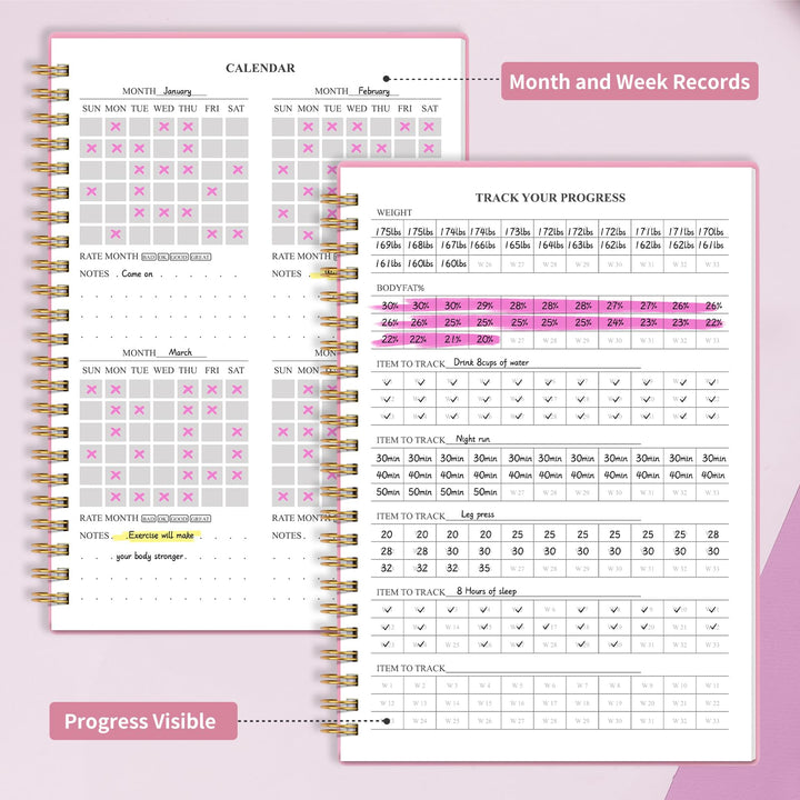 Fitness Workout Journal for Women & Men, A5 Hardcover Workout Log Book & Gym Exercise Planner With Progress Tracker, Goals, Calendar, 5.8" x 8.4" - Pink
