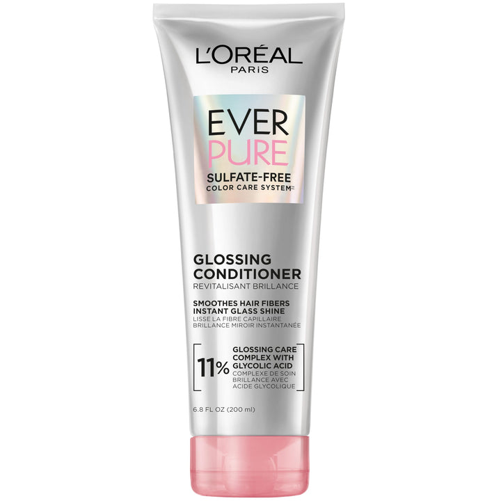 L'Oreal Paris Glossing Sulfate Free Conditioner with Glycolic Acid, Hair Care for Lasting Shine and Smoothness for Dull, Dry Hair, EverPure, 6.8 Fl Oz