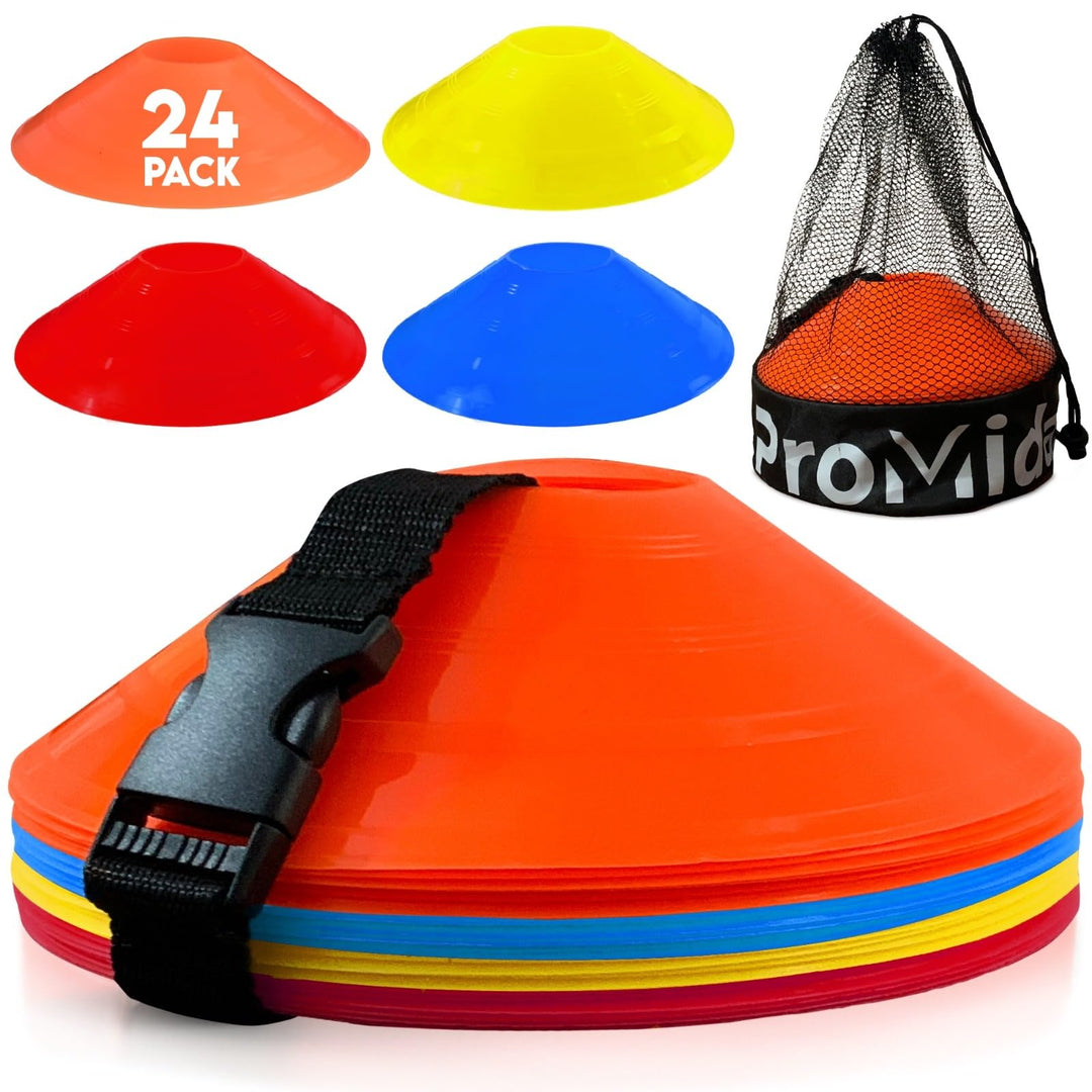 ProMidas Soccer Cones for Training - (24, 50 & 100 Pcs) with Mesh Bag & Strap - Flexible & Heavy Duty - Best for Football, Basketball & Running Drills - Premium Quality Soccer Training Cones Sports