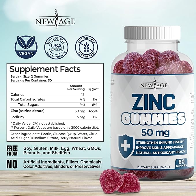 Zinc Gummies - 2 Pack - 50mg High Immune Booster Zinc Supplement, Immune Defense, Powerful Natural Antioxidant, Non-GMO - by New Age (Zinc/Vitamin C)