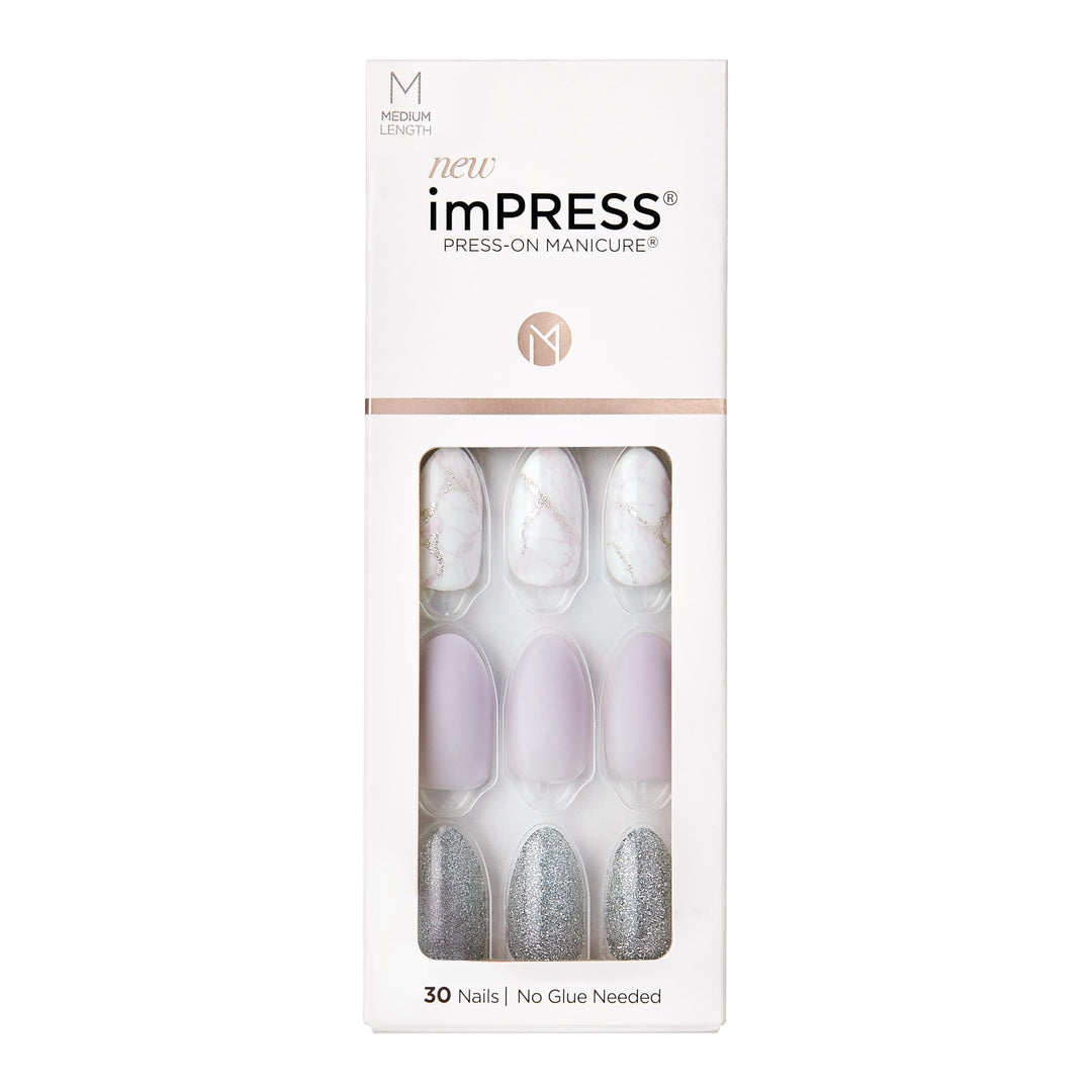 Kiss Impress No Glue Mani Press-On Nails, Design, Climb Up', Gray, Medium Size, Almond Shape, Includes 30 Nails, Prep Pad, Instr