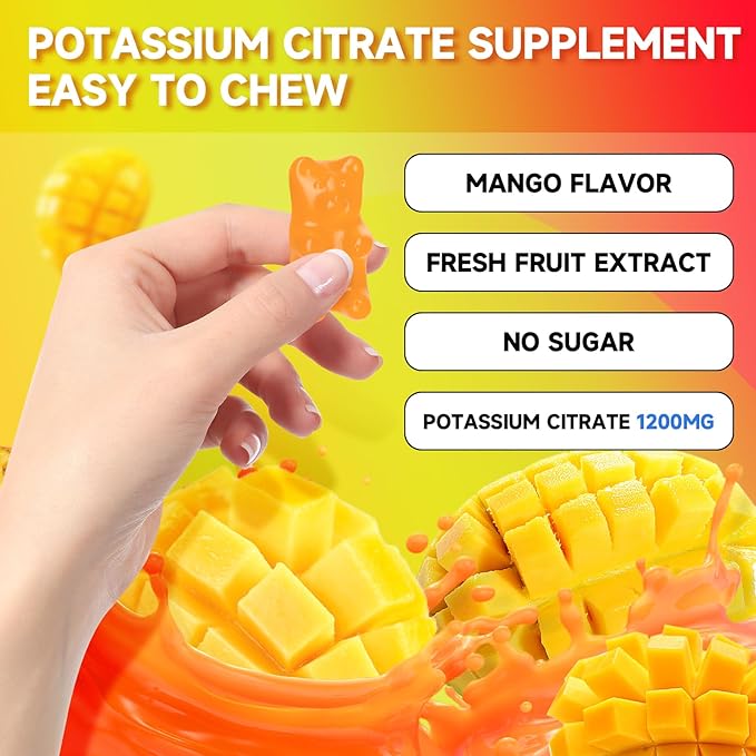 Potassium Citrate Gummies, High Potassium Supplement Gummies 1200mg Support Leg Cramps & Muscle Health, Potassium Gummies for Adults & Kids, Vegan, Mango Flavor 120 Count