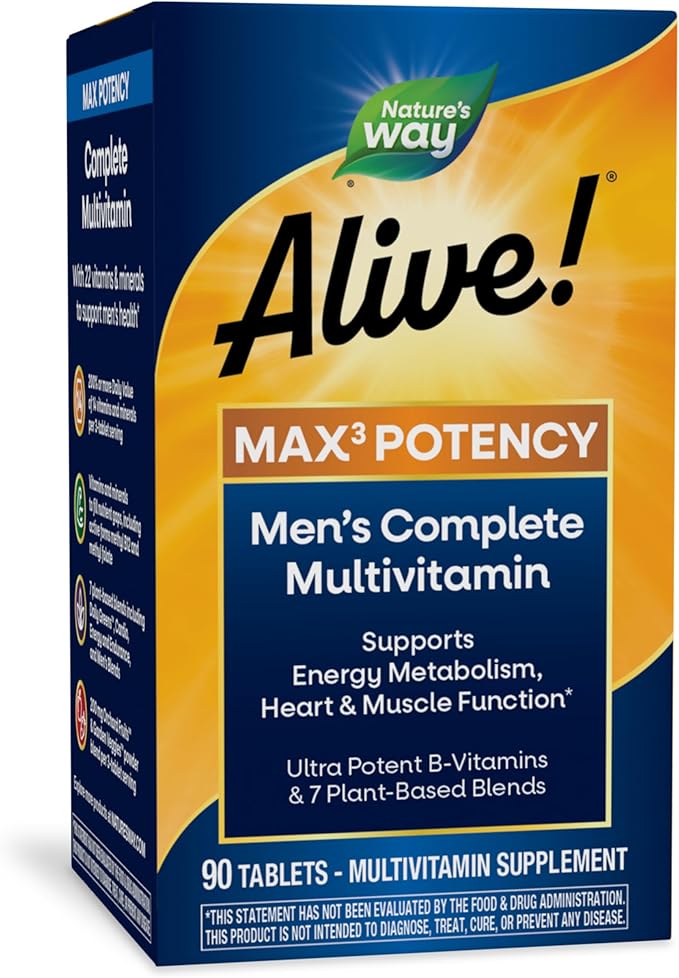 Nature’s Way Alive! Men’s Max3 Potency Multivitamin, Supports Energy Metabolism*, Heart & Muscle Function*, with Methylated B12 and Folate, Gluten-Free, 90 Tablets