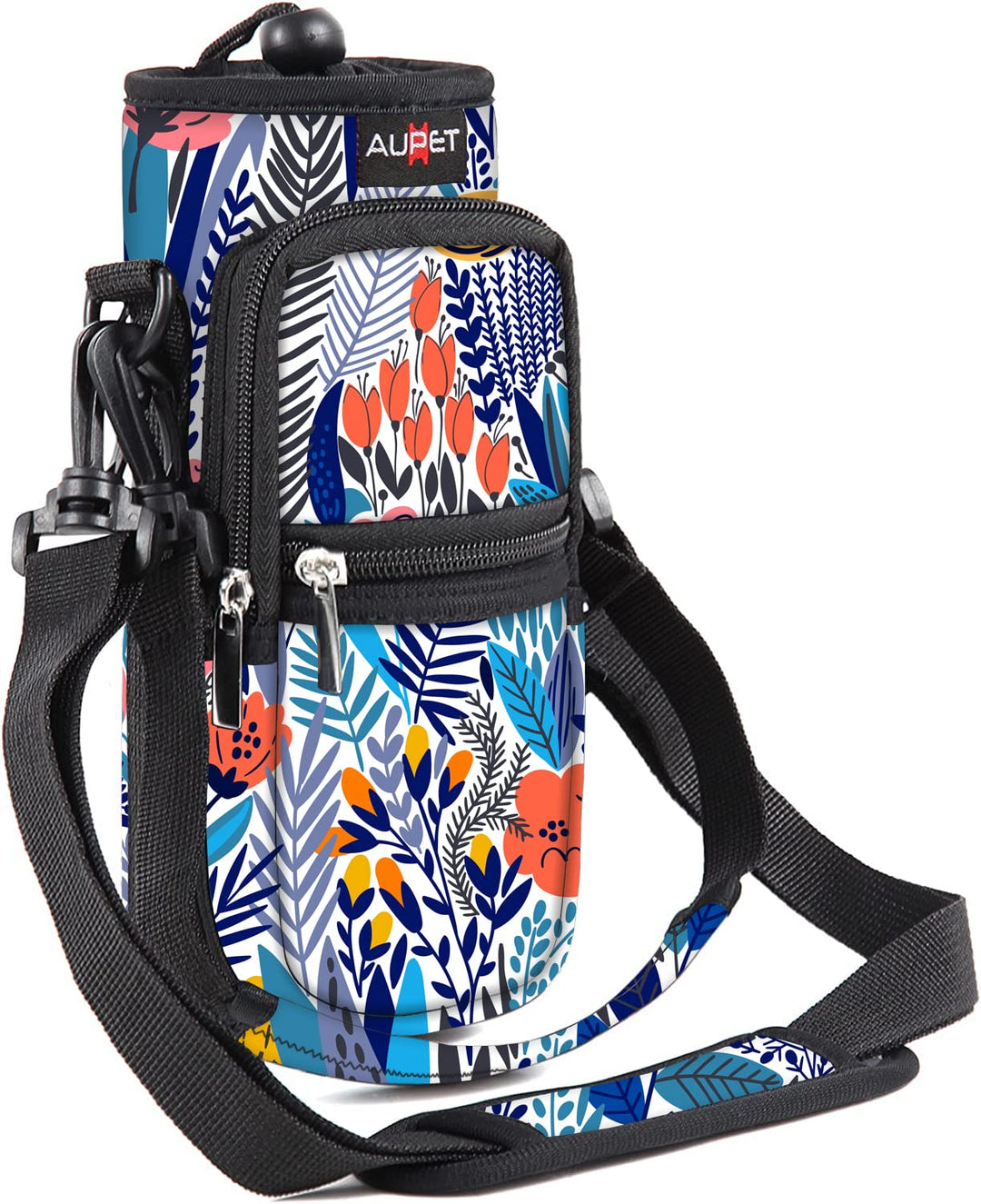 AUPET Water Bottle Sling Bag Sleeve Holder Carrier 25/32/40/64 oz,Insulated Crossbody Water Bottle Case Cover with Strap and Pockets for Men/Women Walking Hiking Camping (25oz, blue orange flower)