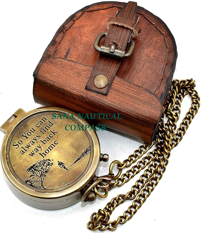 Antique Pocket Chain Compass to My Husband Brass Locket Compass with Engraved Brass Compass on Chain with Leather case, by Brass Nautical Compass, Antique Brown, 2.5 X 2.5 X 0.90''