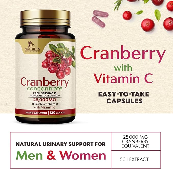 Cranberry Concentrate Extract Supplement for Women & Men + Vitamin C - 25,000mg Formula for Urinary Tract Health Support, Non-GMO and Gluten Free, Cranberry Pills Supplement - 120 Capsules