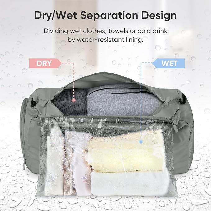 BALEINE Gym Bag for Women and Men, Small Duffel Bag for Sports, Gyms and Weekend Getaway, Waterproof Dufflebag with Shoe and Wet Clothes Compartments, Lightweight Carryon Gymbag (Silver)