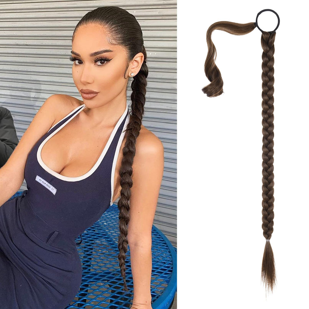 SEIKEA Upgraded Long Braid Ponytail Extension with Elastic Tie Straight Sleek Wrap Around Braid Hair Extensions Ponytail Chestnut Brown 34 Inch (After Braided 30 Inch)