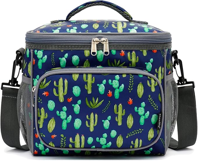 FlowFly Insulated Reusable Lunch Bag Adult Large Lunch Box for Women and Men with Adjustable Shoulder Strap,Front Zipper Pocket and Dual Large Mesh Side Pockets,Cactus