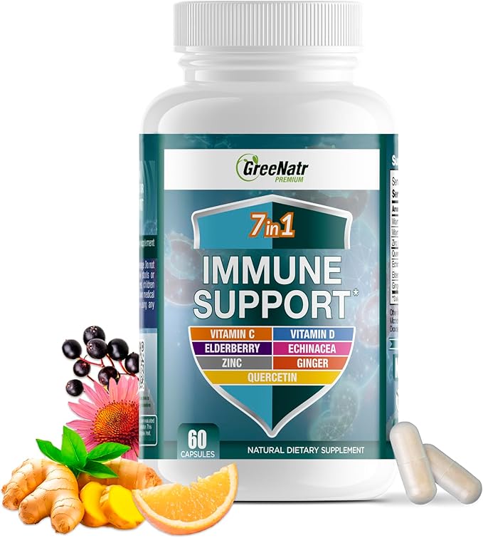 7 in 1 Immune Support Supplement with Vitamin C, D3, Zinc 50mg, Quercetin, Echinacea Purpurea, Sambucus Elderberry and Ginger for Complete Immune Defense - 60 Capsules (1 Bottle)