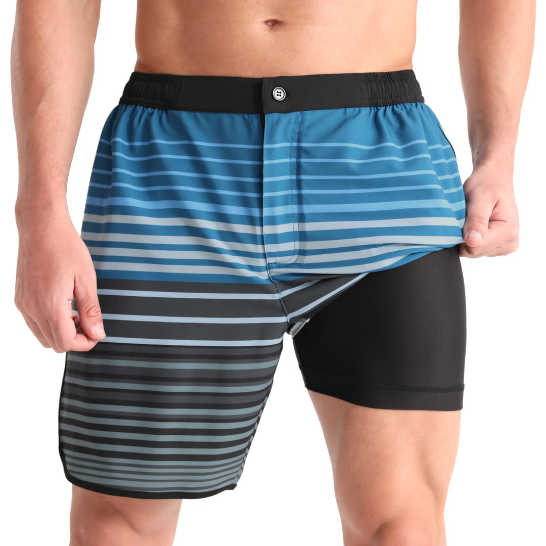 APTRO Men's Swim Trunks Quick Dry 7" Compression Liner Button Zipper Closure Board Shorts MJ06 Blue-Grey Stripe S