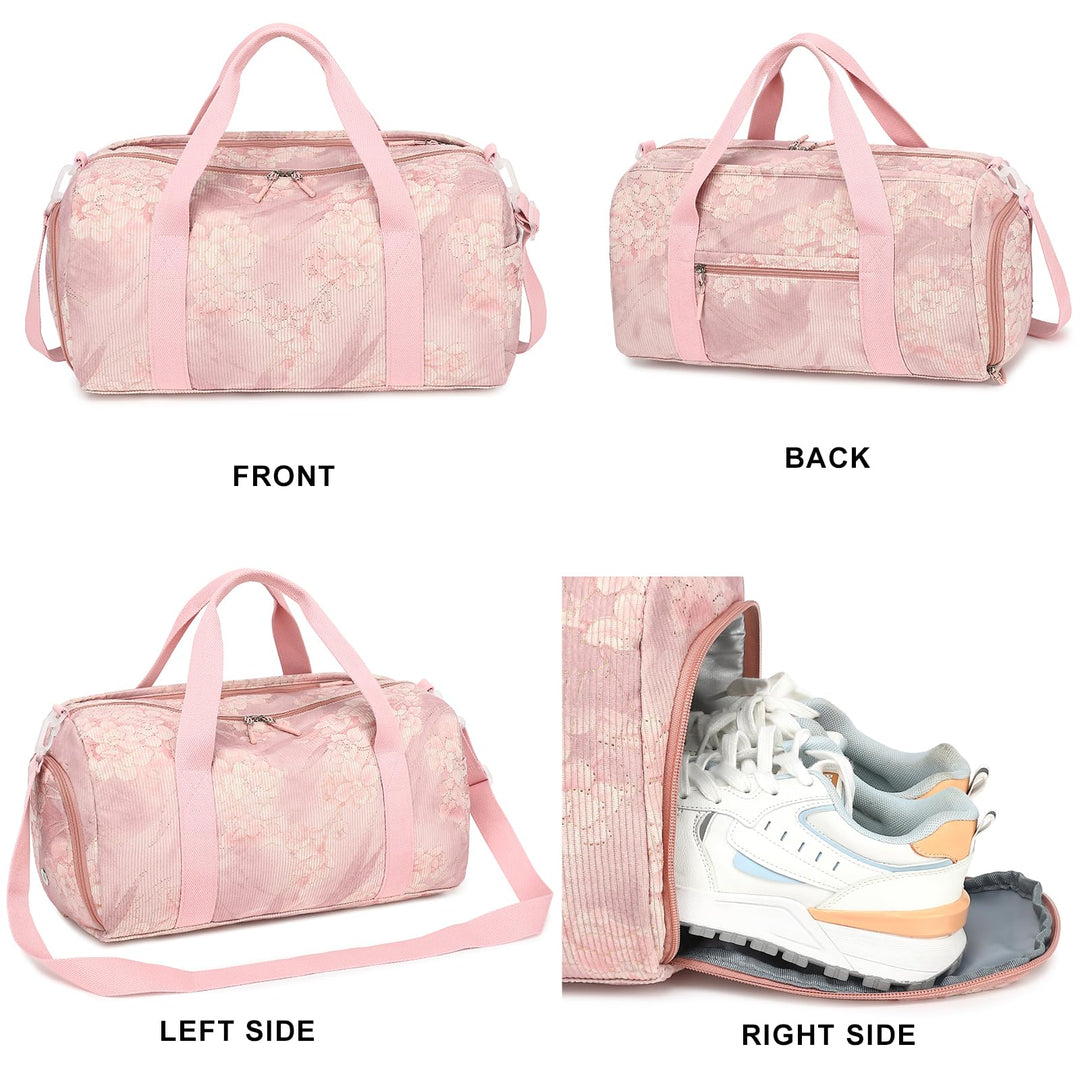 Duffle Bag for Gym Sports Women Girls Workout Travel Bag Weekender with Shoe Compartment and Wet Pocket (Floral Pink)