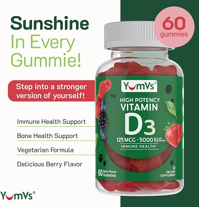 YUM-V'S Vitamin D3 Jellies, Vitamin D 5000 IU, Daily Dietary Supplement, Mixed Berry Flavor Chewable Jellies, Vegetarian, Gluten-Free and Kosher Halal - 60 Count