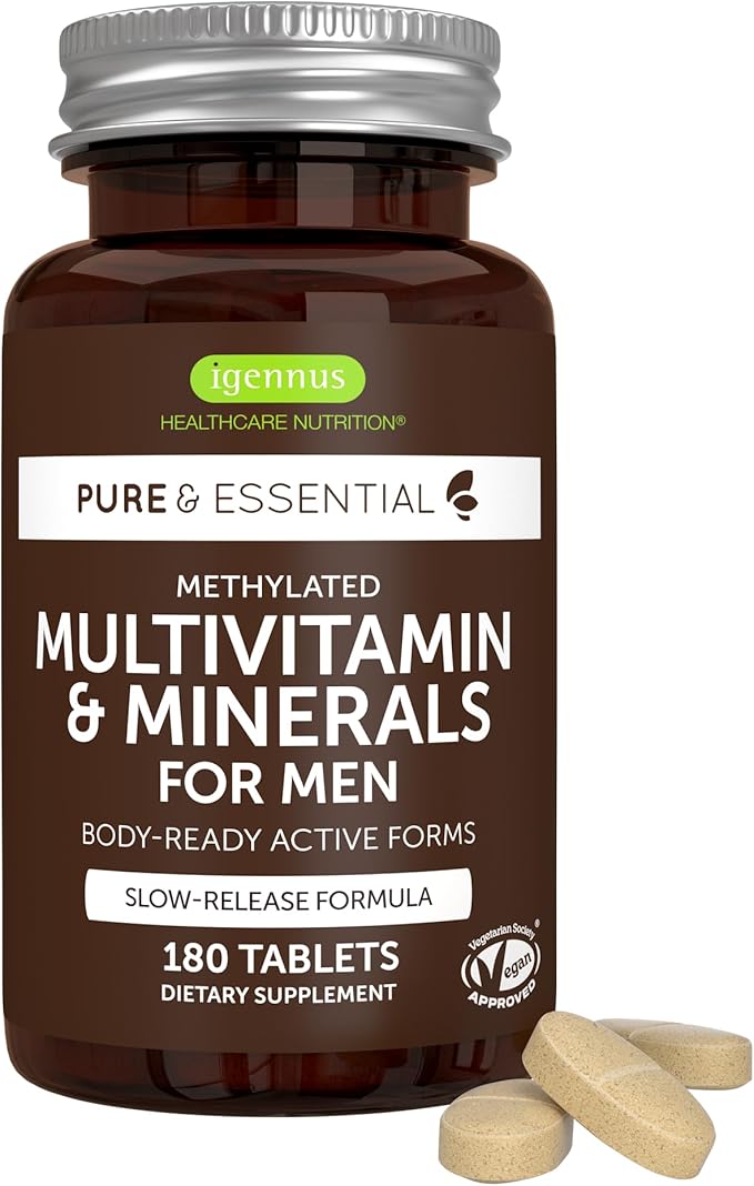 Igennus Methylated Men's Multivitamin, MTHFR Supplement with Active B-Vitamins, 22 Highly Bioavailable Nutrients, Multivitamin for Sustained Release, Clean Label, Non-GMO & Halal 180 Tablets