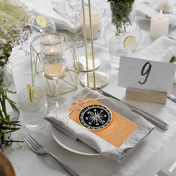 50 Sets Mini Compass Favors-Joyfulmap Compass Favors with Kraft Tags and Drawstring，Mini Compass Decorations for Weddings-Travel-Nautical-Birthday Themed Party Decorations(Golden)