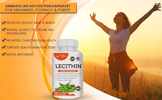 Soy Lecithin 1200mg Capsules Supplement for Heart, Liver & Brain Health – Supports Immune System, Brain Function & Metabolism - Non-GMO & Made in The USA- 100 Capsules / 1200mg