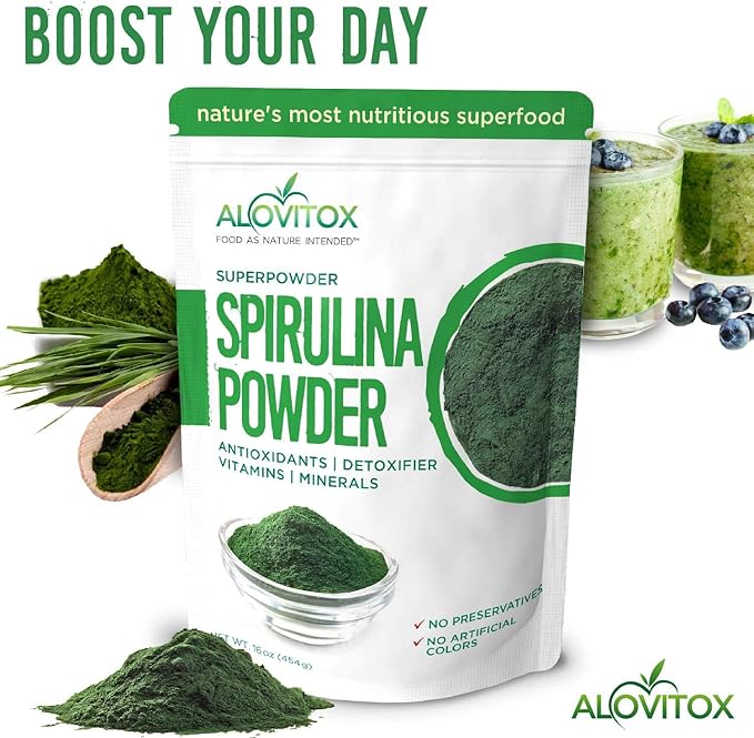 Alovitox Organic Spirulina Powder | Nutrient Dense Superfood with Antioxidants, Proteins, Vitamin A and B, Fiber, Omegas 3, 6 & 9-100% Organic, No Additives/Colors, Gluten Free, Vegan, Non-GMO (1 lb)