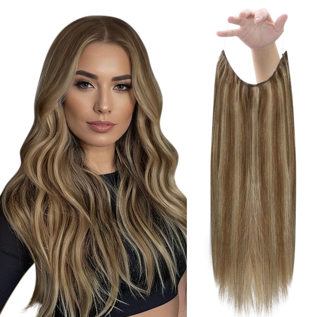 Fshine Clip In Hair Extensions Brown Highlights 80G Invisible Wire Hair Extensions Real Human Hair Dark Brown Mix Caramel Blonde