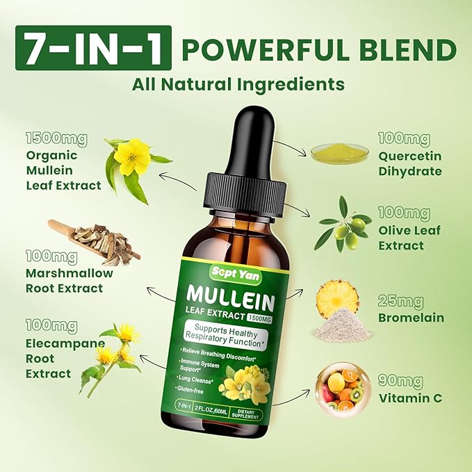 Mullein Drops for Lungs - 1500mg Mullein Leaf Extract Liquid Organic Herbal Supplement Support Lung Detox & Cleanse, Immune, Respiratory Function for Healthy Breathing - Natural Flavor, 2 Fl Oz, Vegan