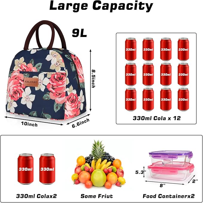 BALORAY Lunch Bag for Women Men Cute Reusable Insulated Lunch Box Large Capacity Lunch Tote Bag for Work, Picnic or Travel(Blue With Big Flower)