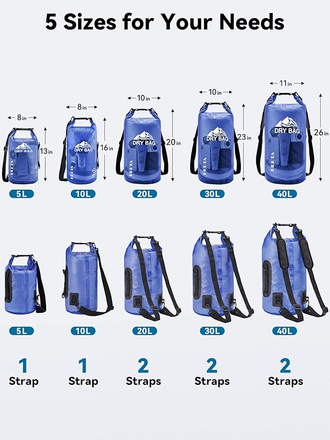 HEETA Dry Bag Waterproof for Women Men, 5L/10L/20L/30L/40L Roll Top Lightweight Dry Storage Bag Backpack with Phone Case for Travel, Swimming, Boating, Kayaking, Camping & Beach, 11 Transparent Colors