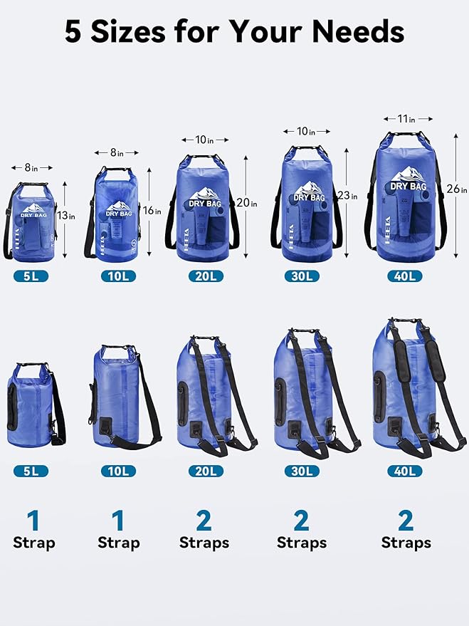 HEETA Dry Bag Waterproof for Women Men, 5L/10L/20L/30L/40L Roll Top Lightweight Dry Storage Bag Backpack with Phone Case for Travel, Swimming, Boating, Kayaking, Camping & Beach, 11 Transparent Colors