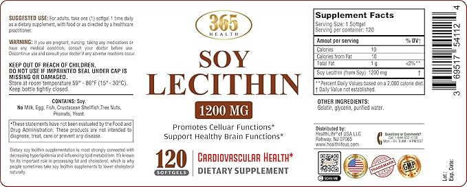 HEALTH LFE Lecithin 1200mg, High Potency, 120 Softgels, Natural Combination of Essential Fatty Acids to Support Brain & Nerve Function- Lecithin Food Grade, 1200mg per Serving, Dietary Supplement