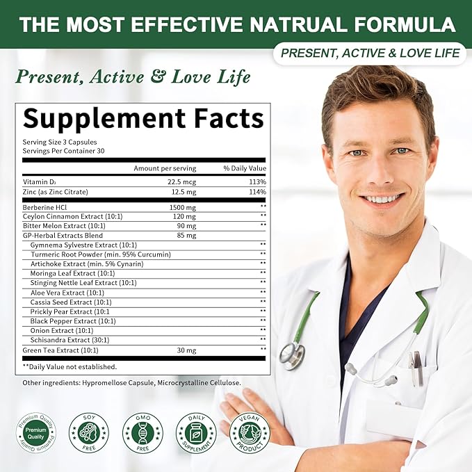 Berberine Supplement with Ceylon Cinnamon - Berberine 1500mg Activates AMPK & GLP-1 Berberine HCL Capsules with Bitter Melon/Artichoke Extracts & Natural Herbs for Immune Support 90 Count