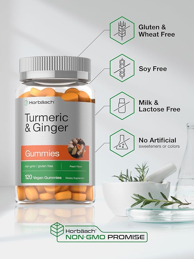 Horbäach Turmeric and Ginger Gummies | 120 Count | Peach Flavor | Vegan Non-GMO & Gluten Free Supplement