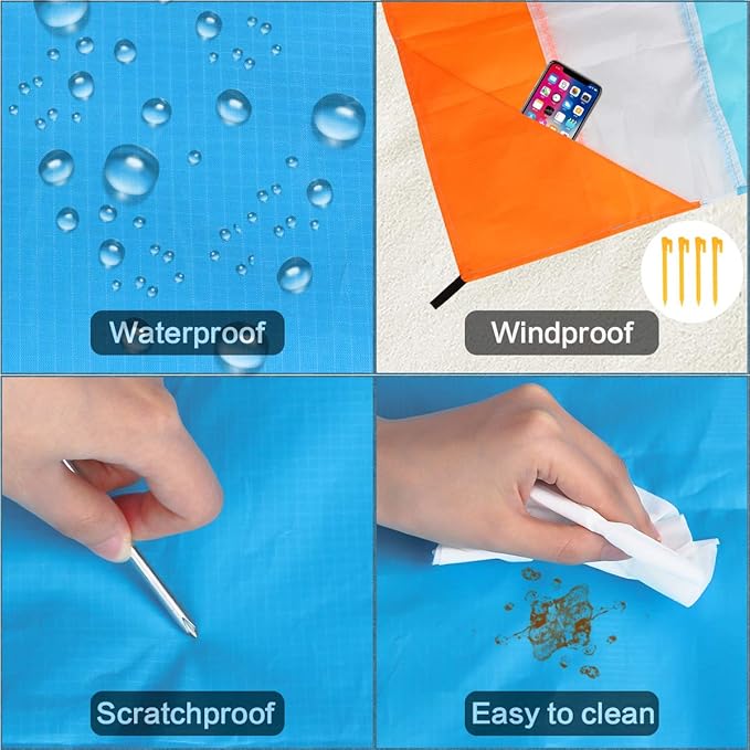 Aitey Sand Free Beach Blanket, Waterproof Beach Mat Compact Outdoor Blanket Ideal for Picnic, Travel, Hiking, Camping and Music Festivals with 4 Stakes, 4 Corner Pockets and Bag - 82"x 79"(Blue)