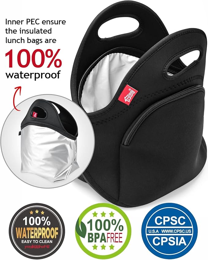 Yookee Home Neoprene Lunch Bag for Men, Black with Pocket, 12.5"L x 6.5"W x 12.5"H