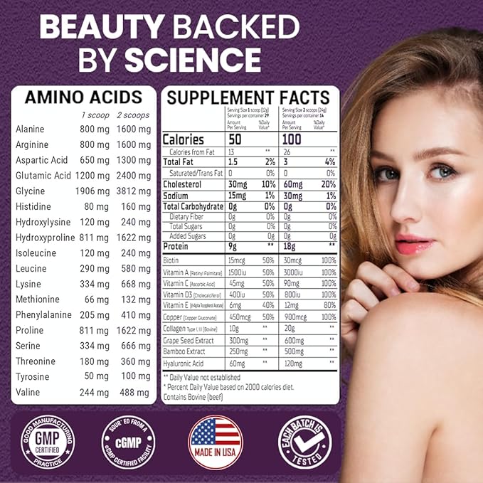 Beauty Collagen Peptides for Women 12.28 oz – Hydrolyzed Collagen Peptides Type I & III Protein Powder with Hyaluronic Acid, Grass Fed Collagen, Biotin, Grape Seed Extract, Multivitamins