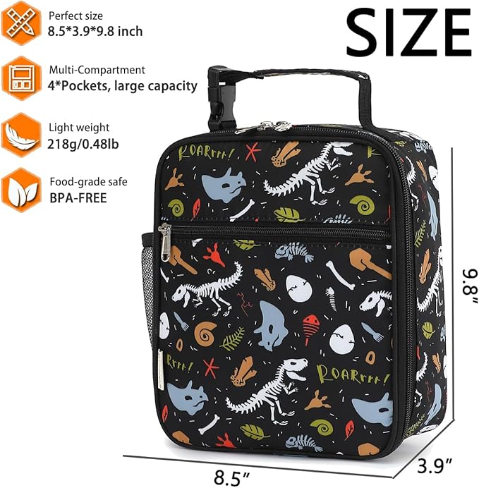 Lunch Box for Kids Boys Girls Men Women, Insulated Small Soft Cooler Lunch Bag Kit for School Work Picnic Travel - Reusable Portable lunchbox, Dinosaur Fossil